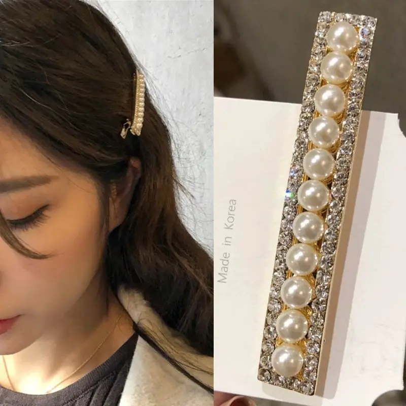 

Korean Women Girls Luxury Imitation Pearl Glitter Rhinestone Side Bangs Hair Clips One Word Duckbill Hairpins Ponytail Barrettes