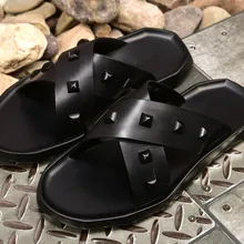 Мужские летние удобные кожаные Нескользящие Повседневные тапочки на толстой мягкой подошве; мужские удобные тонкие тапочки на плоской подошве