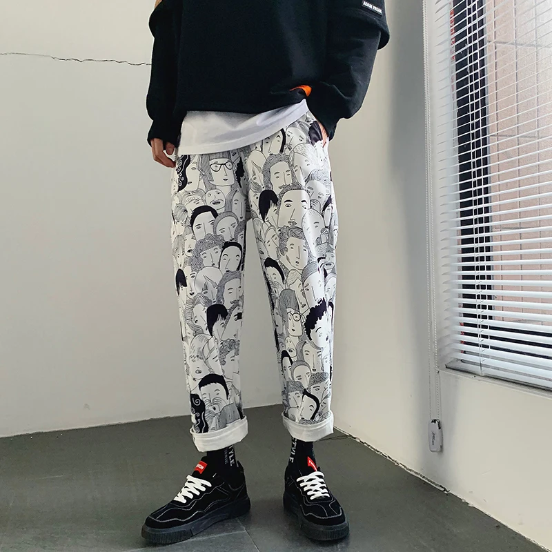 2019 Discount Only Today Cargo Pants For Men White Printed Cartoon Harajuku Japanese Fashion Summer Male Cargo Pants