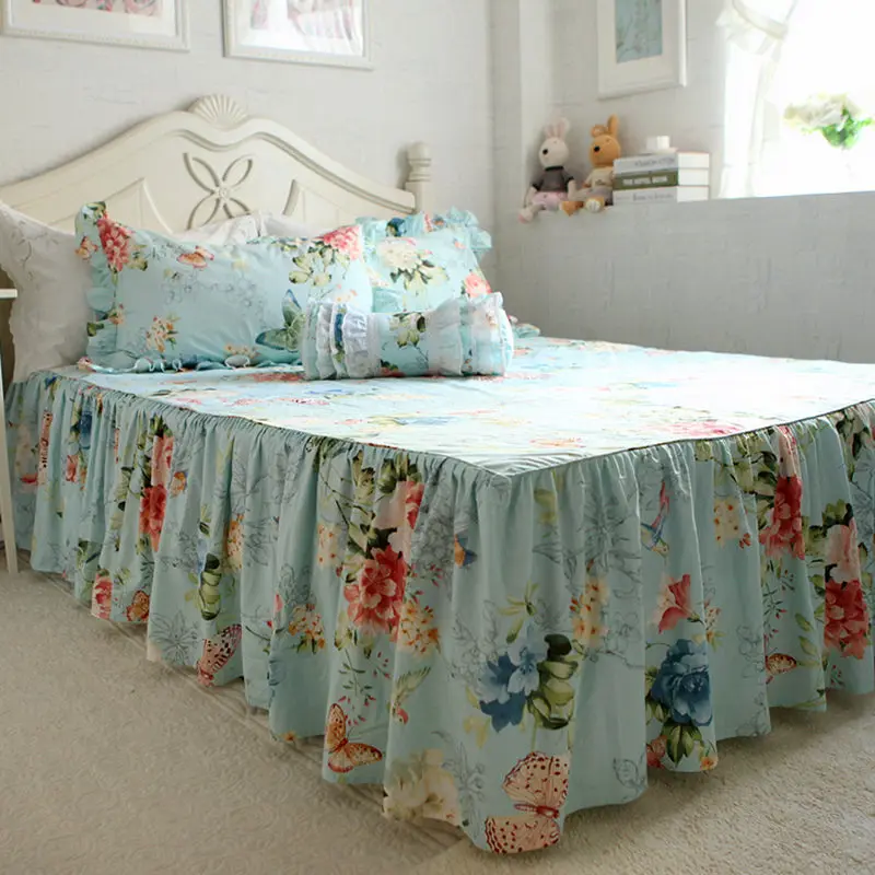 New butterfly love flower print rufflled bedspread 100 cotton bed