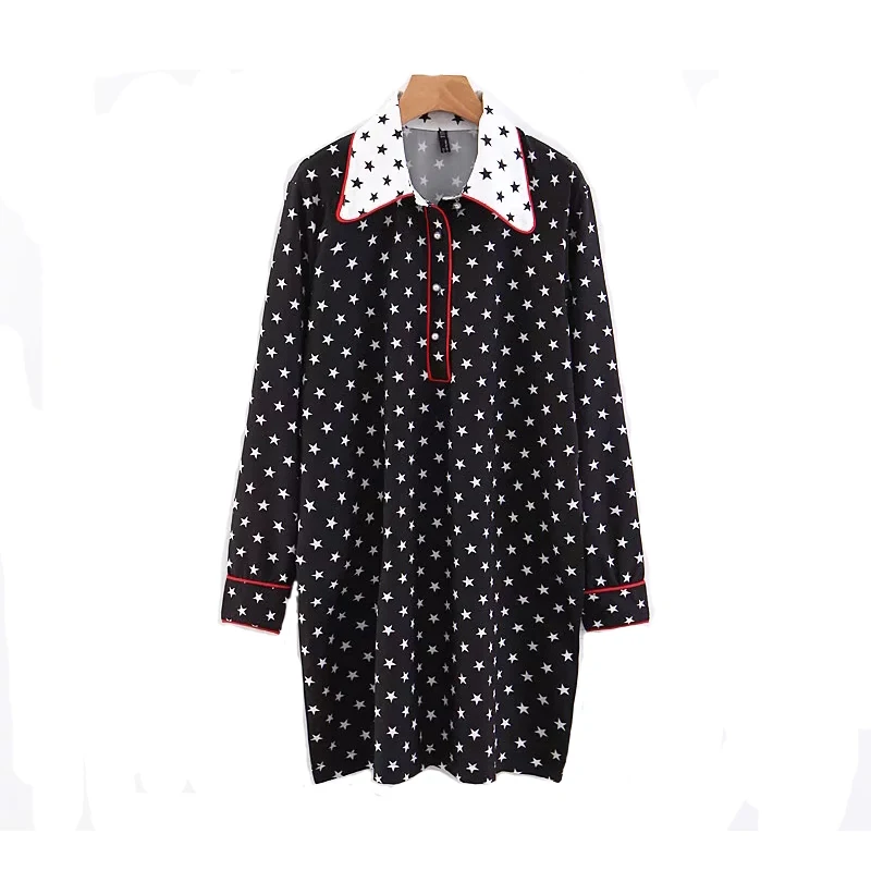 

Pentagram Print Women Lovely Dress 2019 Spring-Autumn High Waist Loose Dresses Turn Down Collar Beading Button Feminine Vestidos