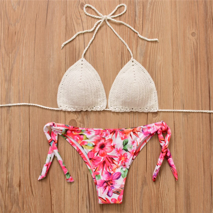 Handmade Knitted Crochet Swimsuits Floral Print Women Bikinis Set Push