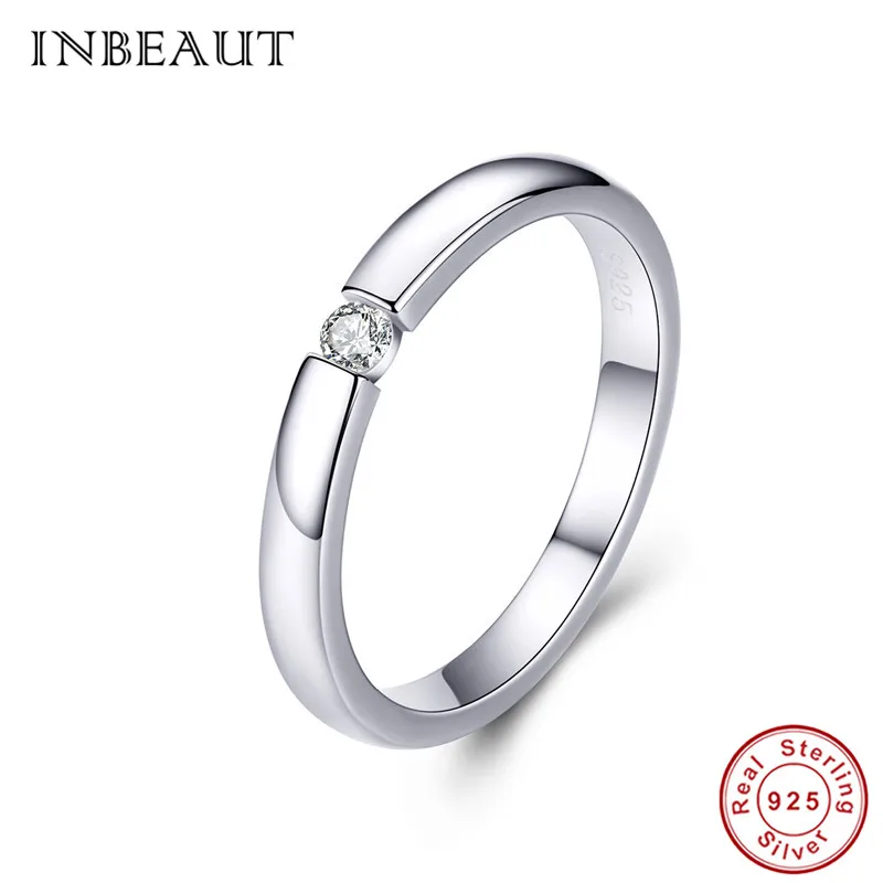 

INBEAUT 100% 925 Sterling Silver Sparkling Single White Round Zircon Cocktail Ring for Women Classic Solid Silver Wedding Rings