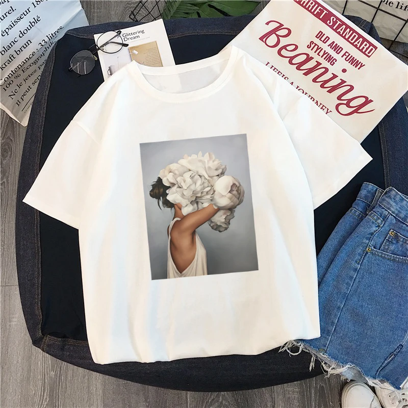 

New Harajuku Aesthetics Tshirt Sexy Flowers Feather Print Short Sleeve Tops Tees Summer Fashion kawaii Casual Sweet Lady T-Shirt