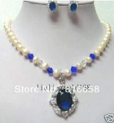 

Hot sell Noble- hot Free shipping@@new White Pearl blue crystal Pendant Necklace Earring set (A0423)
