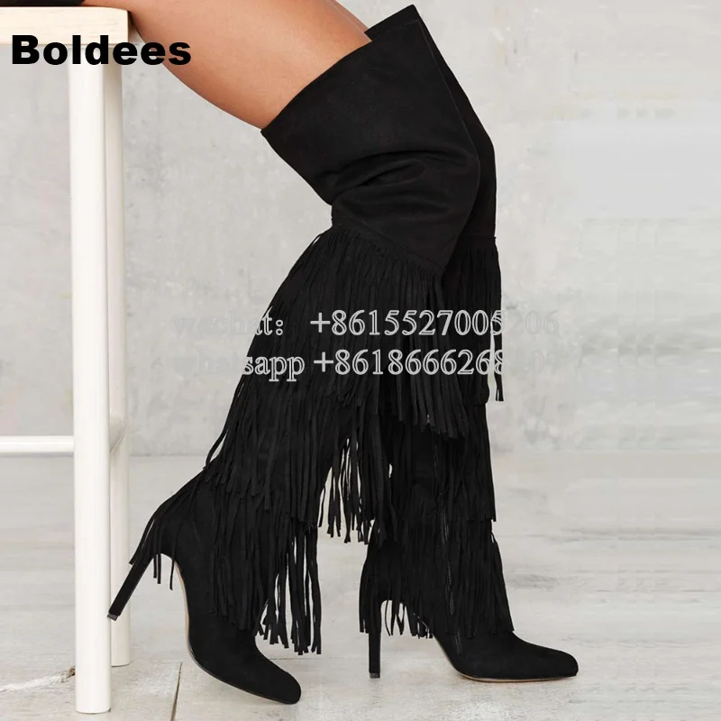 Fashion Black Suede Leather Tassel Designer High Heel Boots Women Over