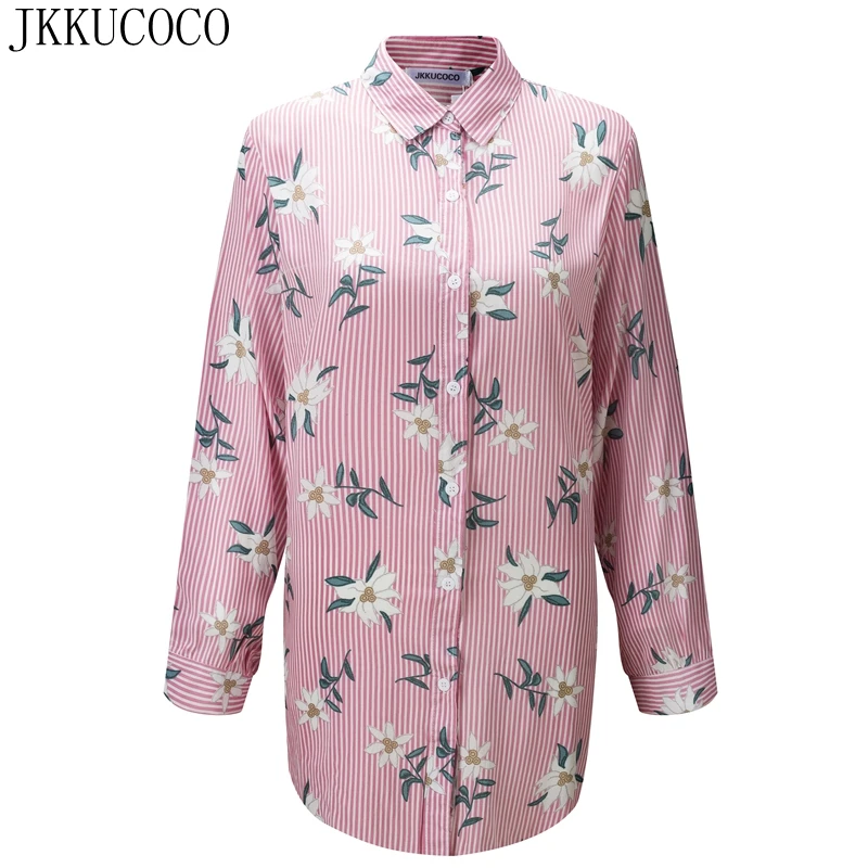

JKKUCOCO Flowers Print Striped Shirt Women shirts blouse single-breasted shirt Women Blouse thin loose Cotton Shirts 4 Color
