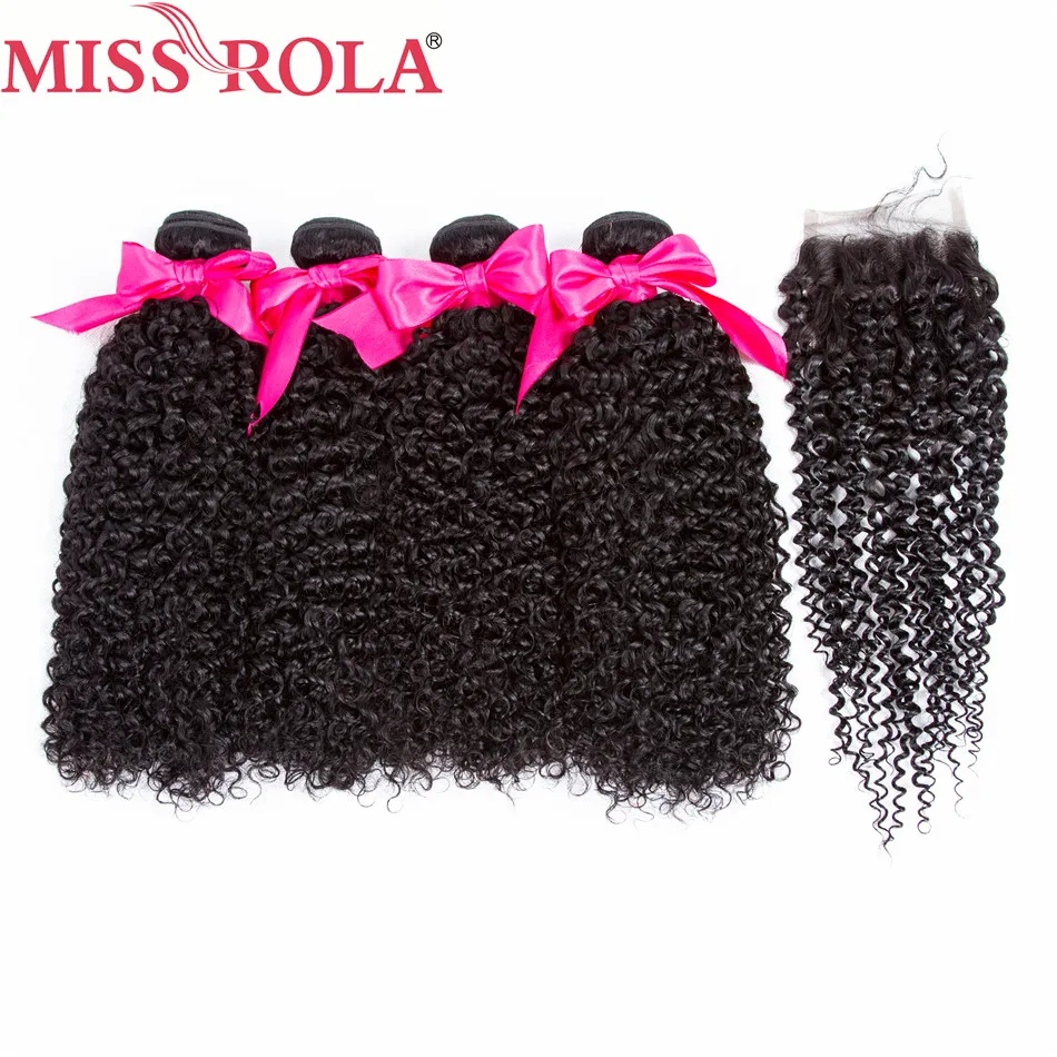 Продажа Miss Rola волосы бразильские кудрявые вьющиеся 4 пучки с закрытием 8 26 дюйм(ов) ов) натуральный цвет не Реми 100% человеческих волос для наращивания