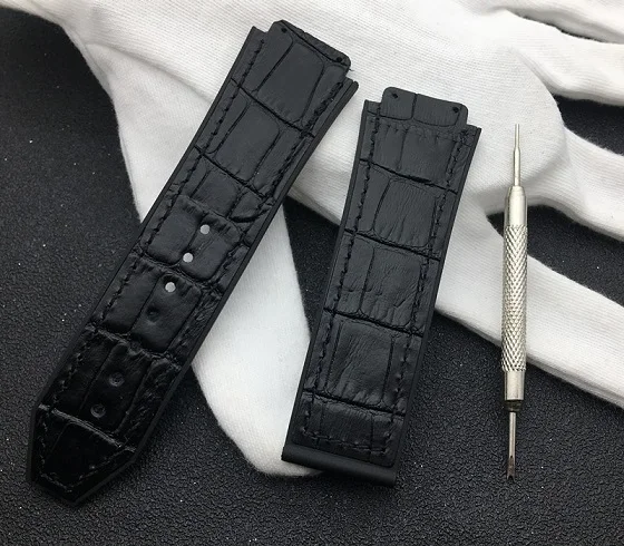 Black Синий, красный, белый 25*19 мм из натуральной коровьей кожи резиновый ремешок для часов Hublot ремешок для Big Bang ремень часы ремешок Бабочка Пряжка Инструменты - Цвет ремешка: Black