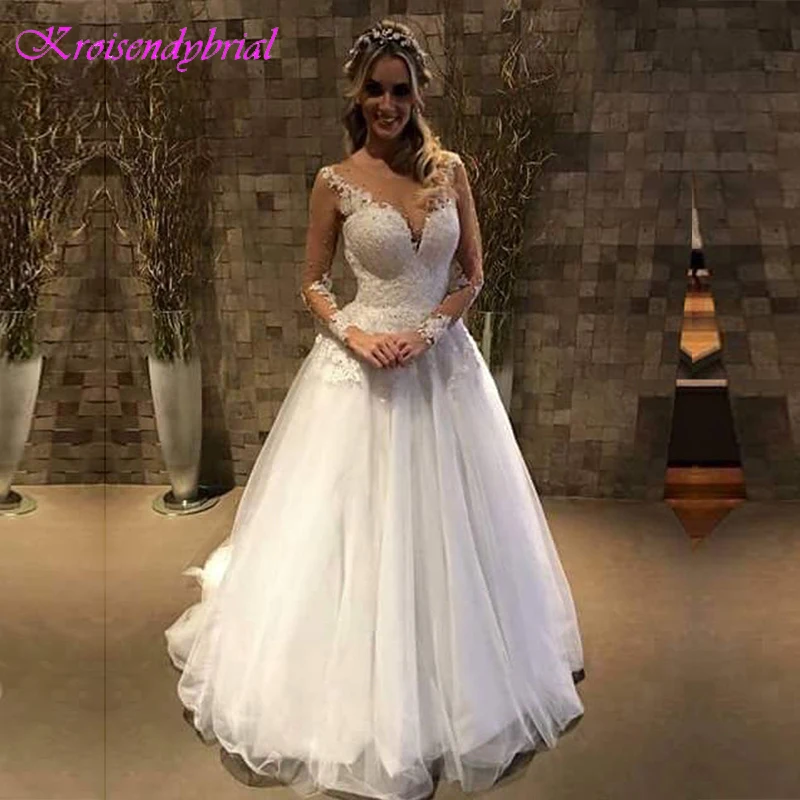 DZW541 robe de soiree 2019 Appliqued Beaded Long Sleeve A Line Wedding Dresses organza wedding gown Vestidos De Novias | Свадьбы и