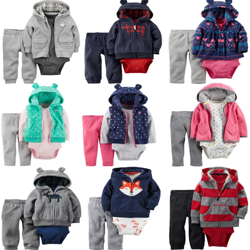 

3 pcs baby children kids Fleece Cardigan Set 1 hooded zipper coat + pants + romper cotton 2019 Spring Baby Boy girl Clothes