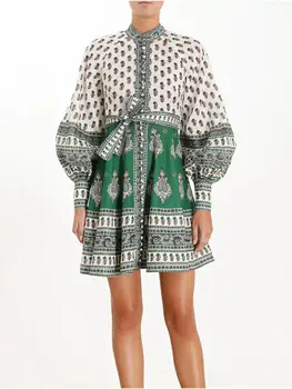 

Hot sale Fashion Show dress sexy women Empire Stand Print Lantern Sleeve Lace-UP Vintage celebrity body con Dresses wholesale