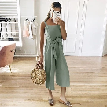 

New Summer Jumpsuit Solid Color Cotton Linen Wide Leg Jumpsuit Sashes Spaghetti Strap Loose Casual Ankle Length Pants