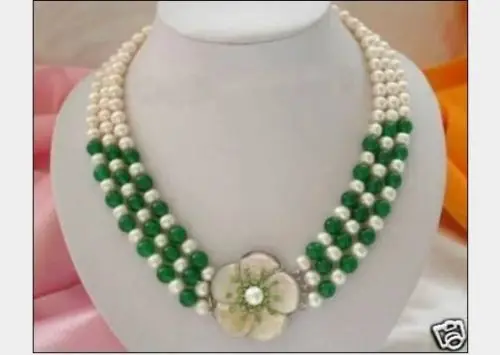 

huij 001317 SOUTH SEA 8-9MM WHITE PEARL GREEN JADE NECKLACE FLOWER CLASP