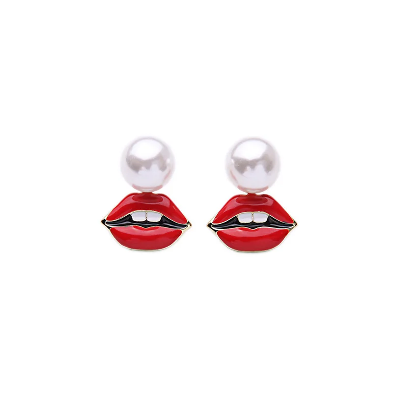 

Chic Gift Detachable Simulated Pearl Red Lip Earring Pierced Ladies Enamel Earring Gold Color Accessories