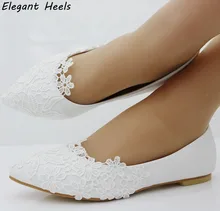 Fashion ballet flats white lace wedding shoes flat heel casual shoes pointed toe flats women wedding princess flats plus size 41