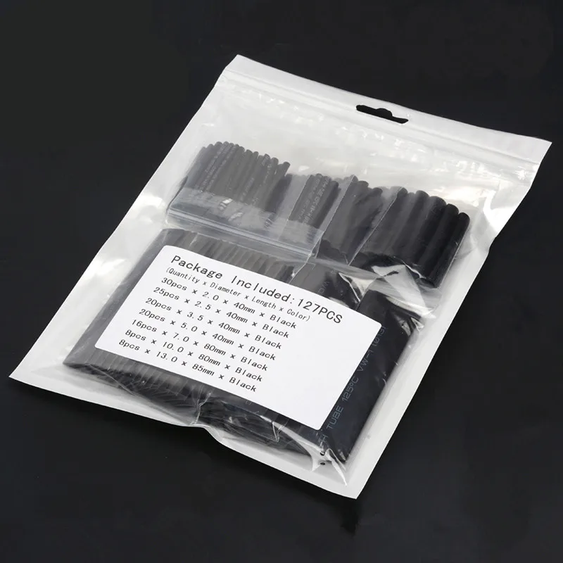 127pcs/lot Heat Shrink Tubing 7.28m 21 Black Tube Car Cable Sleeving