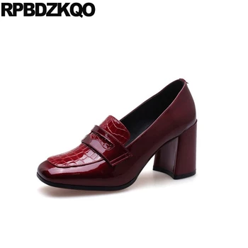 

chunky pumps 3 inch women size 4 34 customized genuine leather high heels square toe patent shoes 2018 black quality wine red