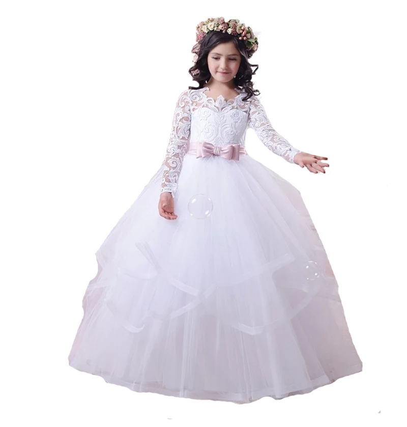 2017 Ball Gown Flower Girl Dresses Long Sleeve Pageant Girls With Pink