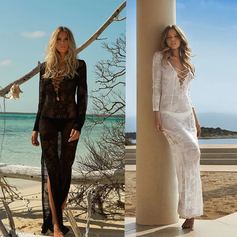 

Pareo Beach Swimsuit Coverup And Tunics Dresses Lace up Bikini Cover Up Beach Long Dress 2019 New Pareo Playa
