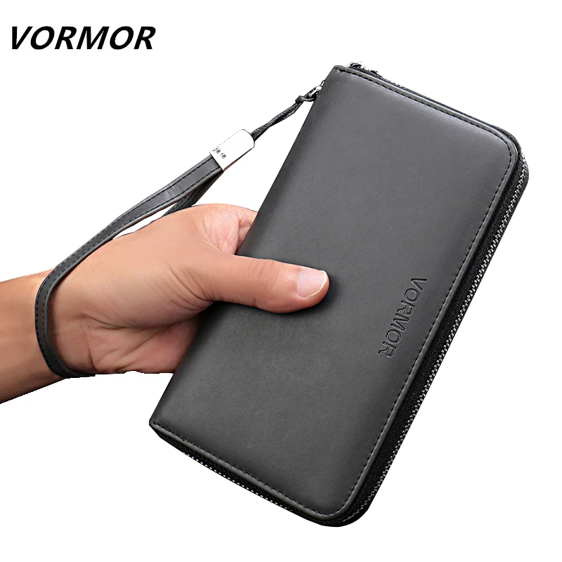 

VORMOR Brand Genuine Leather Wallet Long Zipper Men Clutch Bag With Money Clip Real Leather Male Purses Black/Brown