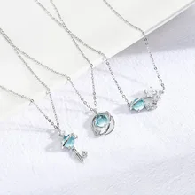 Meisje Hart Blauw Glas Planeet Glas Cabchon Ketting Dream Star Sleutelbeen Keten Ketting Jewlery(China)