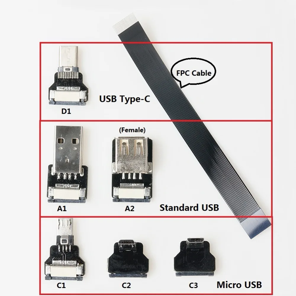 FPV Monitor Standard USB Type-C Super Flat flexible FPC Charging Cable 90 Degree USB-C Micro USB Ribbon Cable AV output Cord
