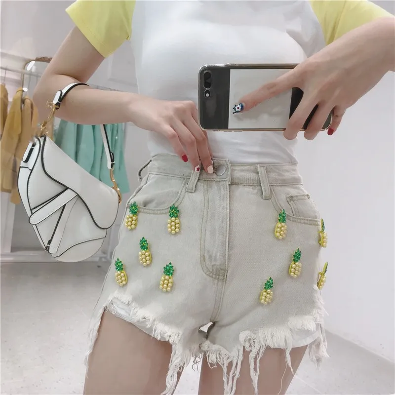 WHITNEY WANG Летняя мода уличная 3D Ананас Рваные джинсовые шорты женские джинсовые брюки