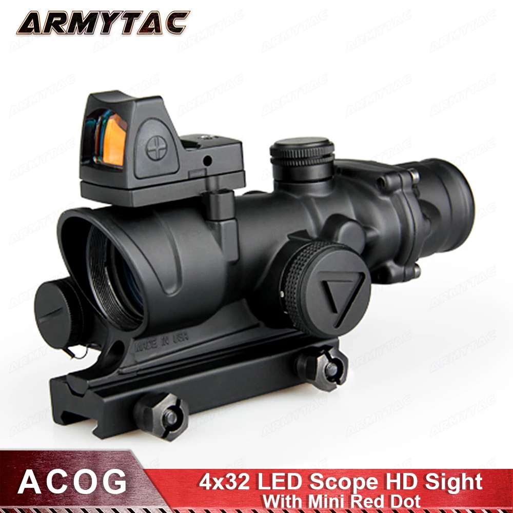 

ArmyTac ACOG 4x32 LED Scope HD Sight Scope Illuminated RifleScope With Reflex Adjustable Min Red Dot Sight