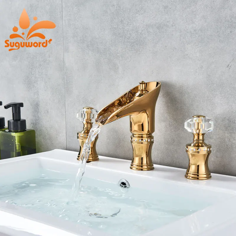 

Suguword Luxury Gold and Crystal Basin Sink Faucet Dual Handle Three Holes Newest Design Deck Mounted Hot and Cold Water
