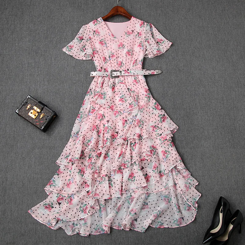 

Dress Summer Woman 2019 New V-Neck Butterfly Sleeves Fashion Printed Slim Belted Irregular Dress Holiday Beach Dress Midi S-XL