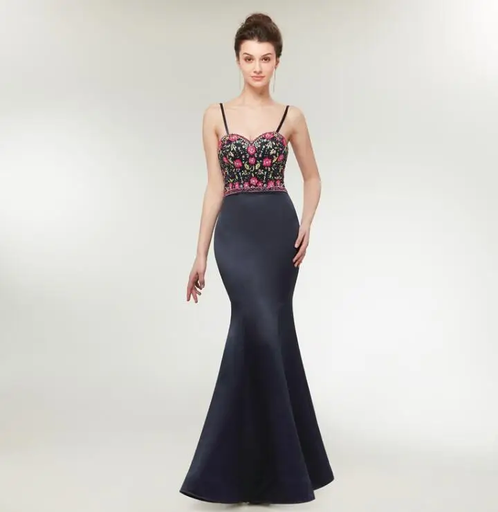 Robe de soiree, вечернее платье с открытой спиной, длинное, милое, расшитое бисером 3d цветочной вышивкой, женское вечернее платье для выпускного вечера - Цвет: Navy Blue