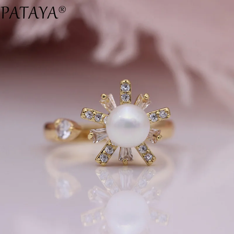 

PATAYA New Women Up Opening Rings 585 Rose Gold Natural Zircon Creative Rotating Rings Shell Pearls Decompressed Fashion Jewelry