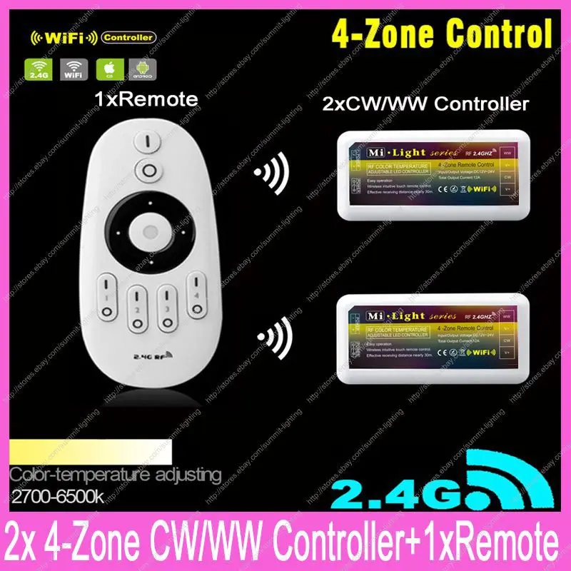 

1x 2.4G RF 4-Zone Touch Remote+2x DC12-24V 12A Mi.light Color Temperature Adjustable CW/WW Dual White Controller WiFi Compatible