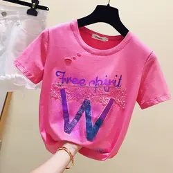 Горячая буква розовая футболка женская с коротким рукавом дырочки рубашки лето новый Корейская версия хлопковая футболка футболки для