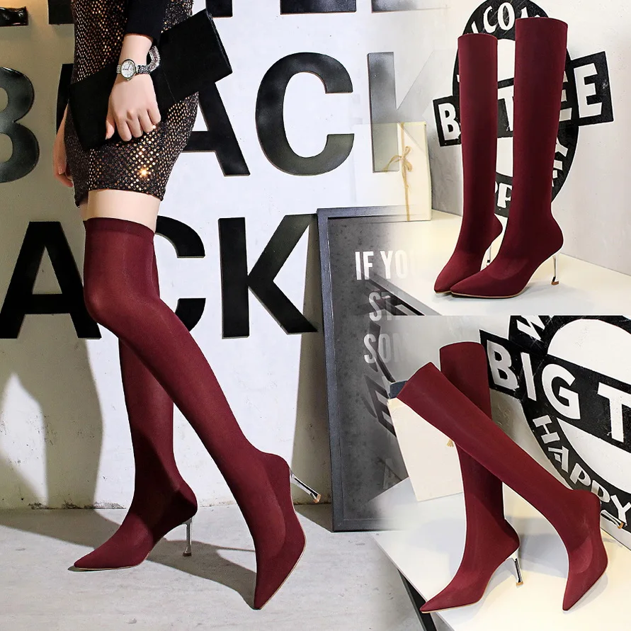 Beste Vrouw laarzen 2018 nieuwe vrouwen schoenen femme herfst winter stretch over de knie laarzen zwart metalen dunne hoge hakken sexy party sok laarzen