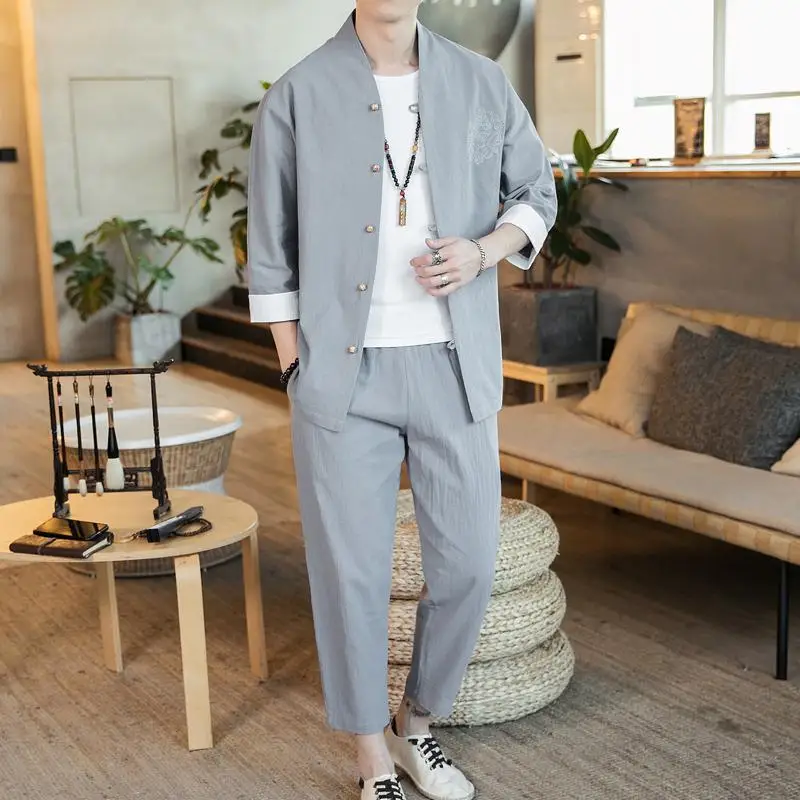 Мужской спортивный костюм в традиционном китайском стиле размера плюс 5XL 4XL, Повседневная рубашка с рукавом 3/4+ штаны до щиколотки, комплект из двух предметов, мужская одежда