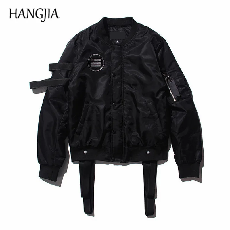 

Black Strap MA-1 Bomber Jackets Men Streetwear Detachable Ribbons Baseball Jacket Cotton-padded Mens Punk Jackets and Coats