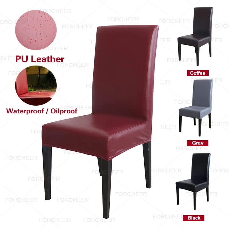 

PU Leather Chair Cover Spandex Waterproof Oilproof Chair Cover Stretch Kitchen Seat Case Banquet Hotel Cover housse de chaise