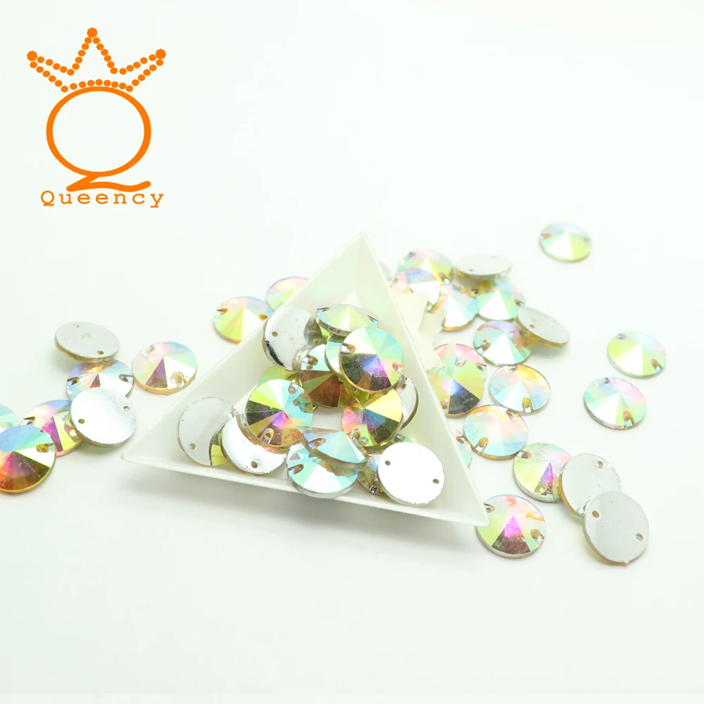 

30 Pcs/Pack 14mm AB Color Round Sewing Resin Rhinestone Sew On Point Facet Crystals Flatback Two Holes Sew-On Garment Stones