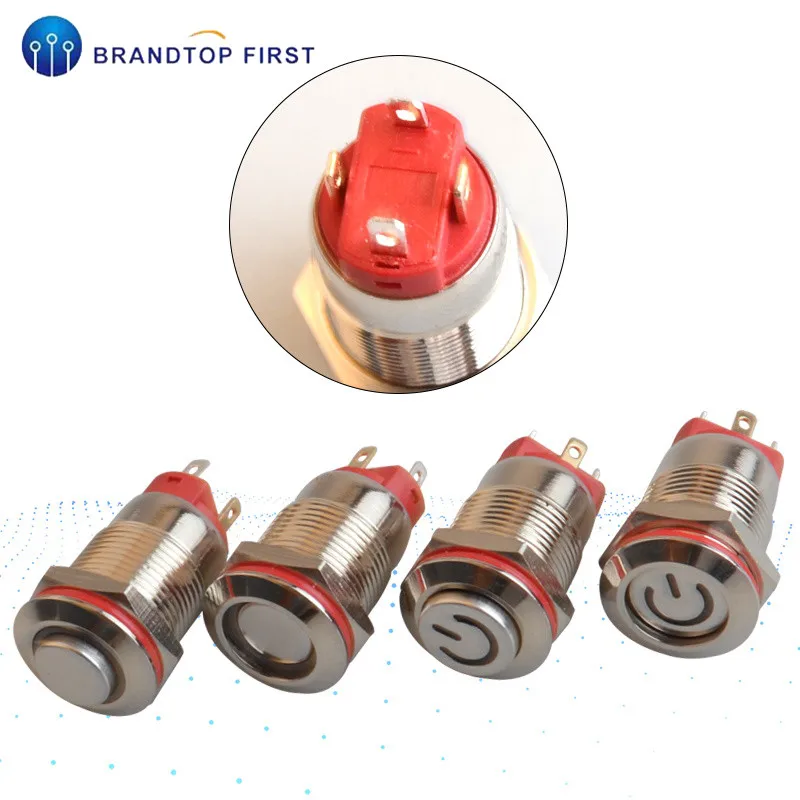 

1PC LED light button switch 12mm instantaneous self-locking flat metal switch waterproof High/Flat Head 3V 6V 9V 12V 24V 220V