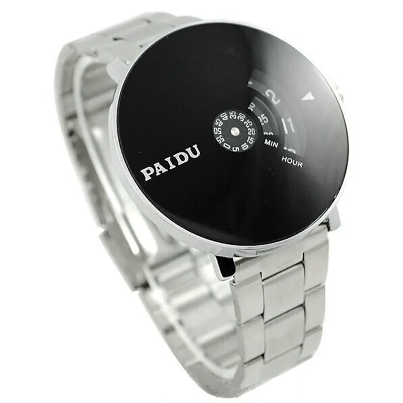 

Stainless Silver Band PAIDU Quartz Wrist Watch Black Turntable Dial Mens Gift