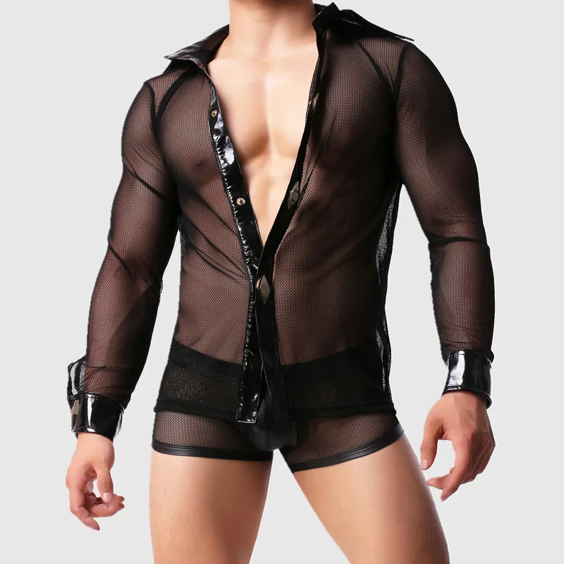 

Transparent Mesh Undershirt Men Bodysuit Singlets Sexy See Through Shirts Erotic Boxers Gay Costumes Night Club Performance Suit