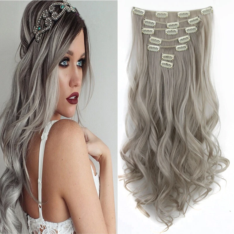 Length 55cm/130g 7pcs/set 22" Silver Gray Hair Extensions Synthetic