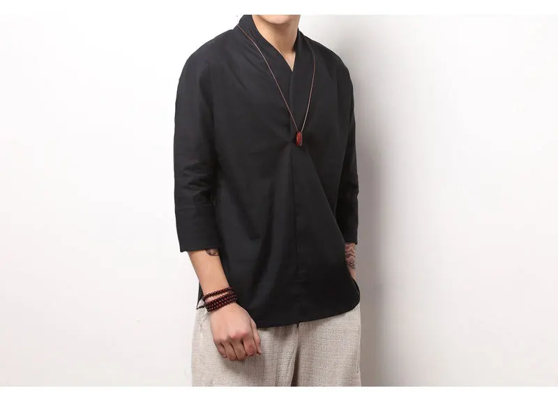 Летняя винтажная Льняная мужская рубашка с v-образным вырезом в национальном стиле, с рукавом три четверти, свободная Мужская рубашка в