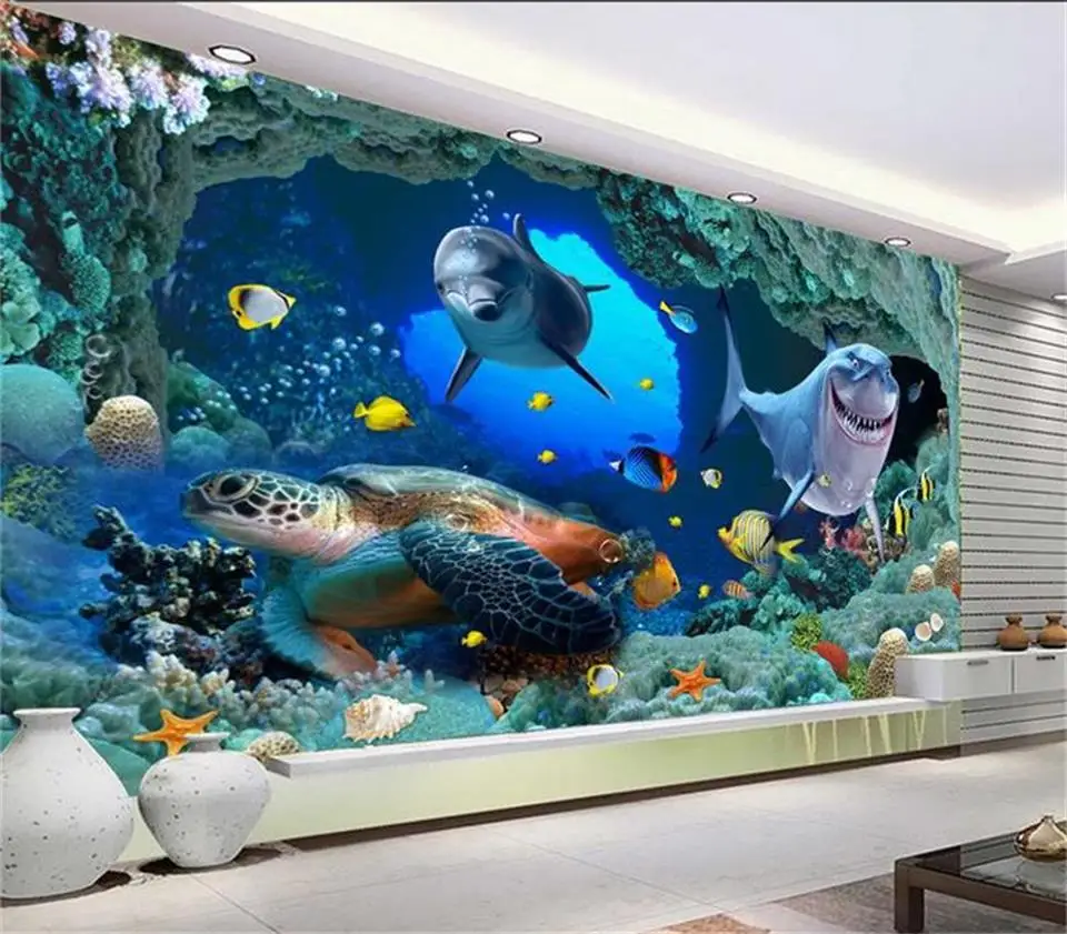 

Custom 3d photo wallpaper mural living room painting seabed cave dolphin coral photo sofa TV background wall non-woven wallpaper