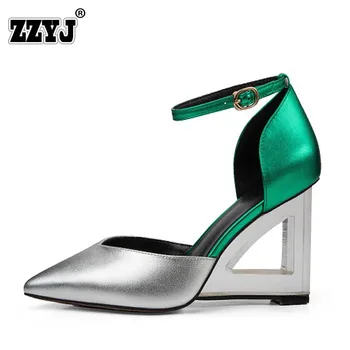 Genuine Leather Sandals Wedges Woman Shoes High-Heeled Shoes Transparent crystal heels 2017 Summer New Pumps Red black Green
