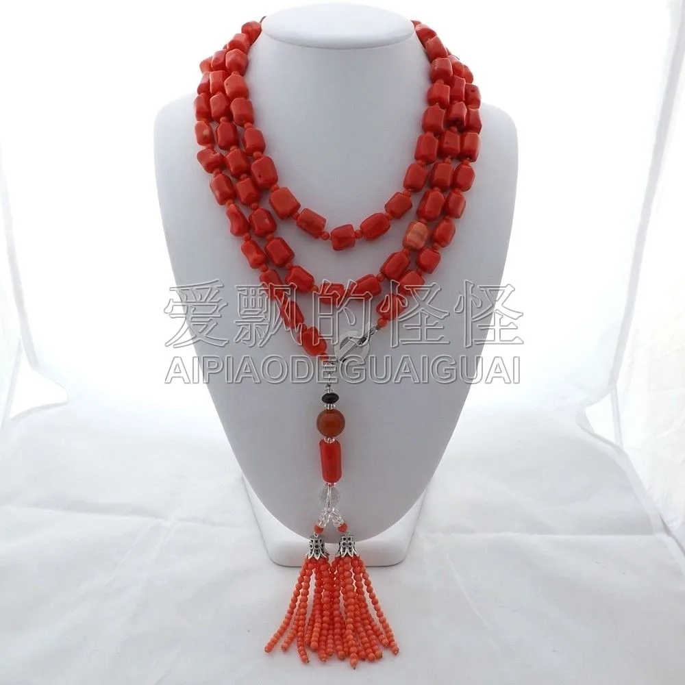 

N011801 65" Orange Coral Nugget Tassel Long Necklace