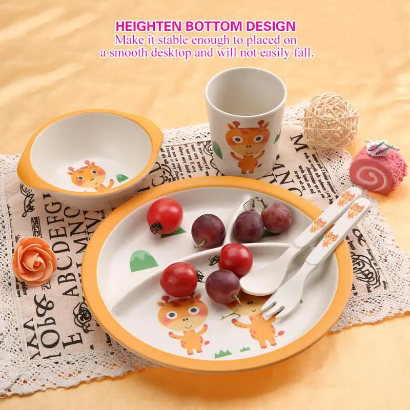 5Pcs/set Eco friendly Bamboo Fiber Baby Dishes Bowl Cup Plates Sets