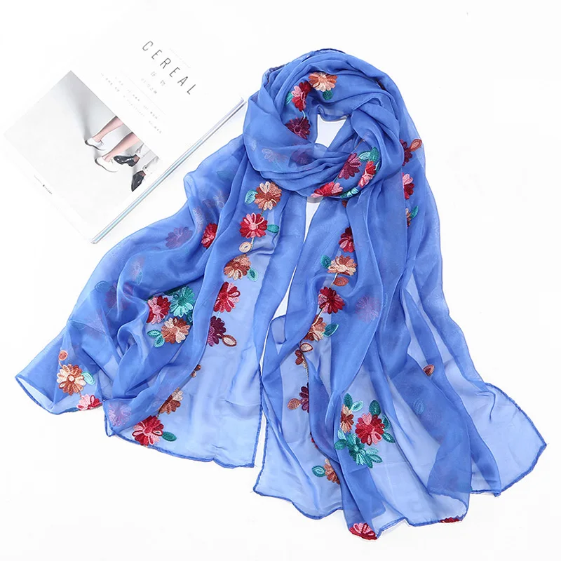 

Embroidered scarves scarf fashion ladies spring and summer wild long small flower embroidery silk shawl scarf wholesale